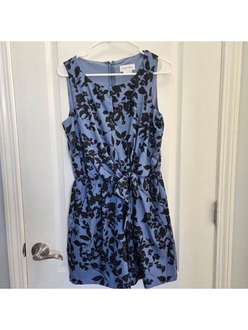 Calvin Klein Muted Blue Romper with Black Floral Design Womens Sz 8